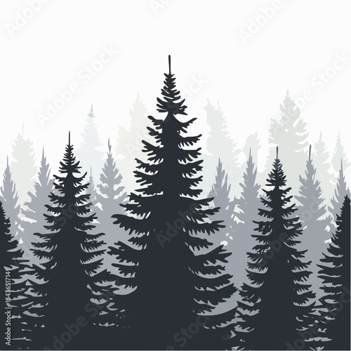 silhouettes of fir trees are set against a background of coniferous spruce pattern