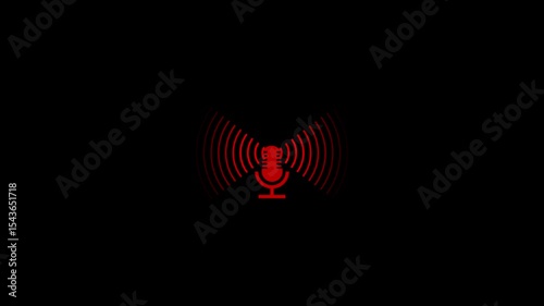 Radio waves with microphone on black background, tower with radio wave signal.
