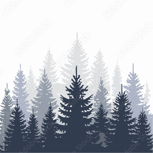 silhouettes of fir trees are set against a background of coniferous spruce pattern