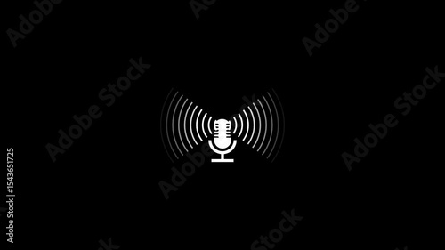 Radio waves with microphone on black background, tower with radio wave signal.