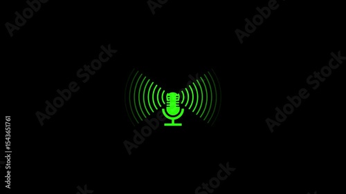 Radio waves with microphone on black background, tower with radio wave signal.
