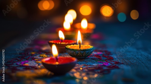 Illuminated Diya Lamps  Diwali Festival  Candles  Lights