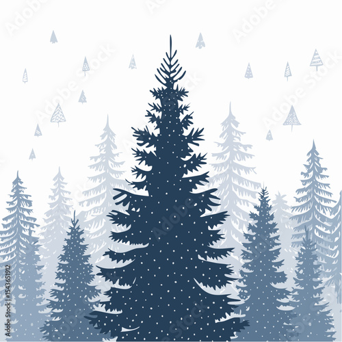 silhouettes of fir trees are set against a background of coniferous spruce pattern
