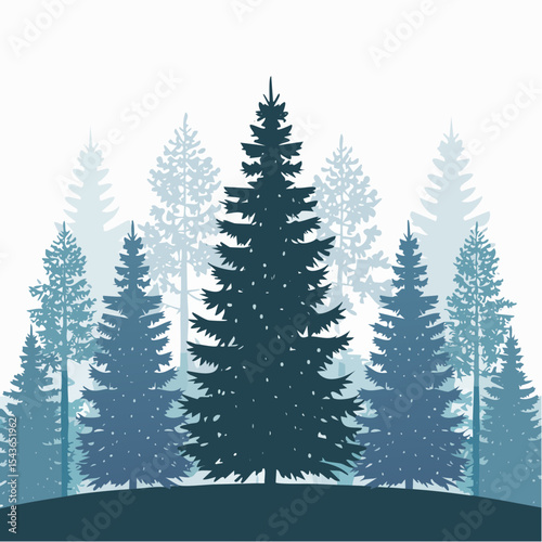 silhouettes of fir trees are set against a background of coniferous spruce pattern