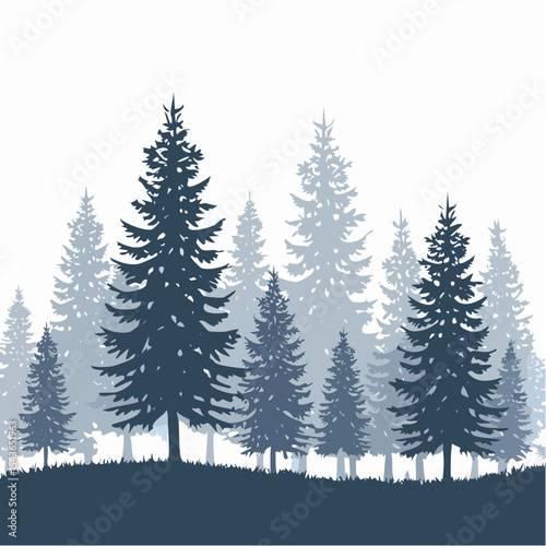 silhouettes of fir trees are set against a background of coniferous spruce pattern