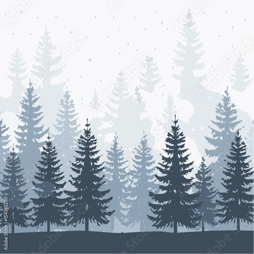 silhouettes of fir trees are set against a background of coniferous spruce pattern