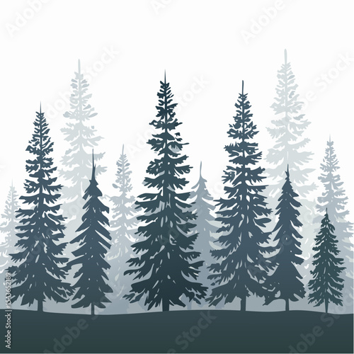 silhouettes of fir trees are set against a background of coniferous spruce pattern