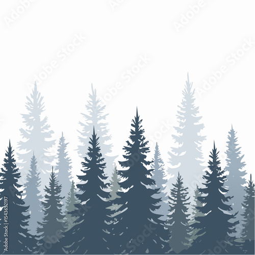 silhouettes of fir trees are set against a background of coniferous spruce pattern