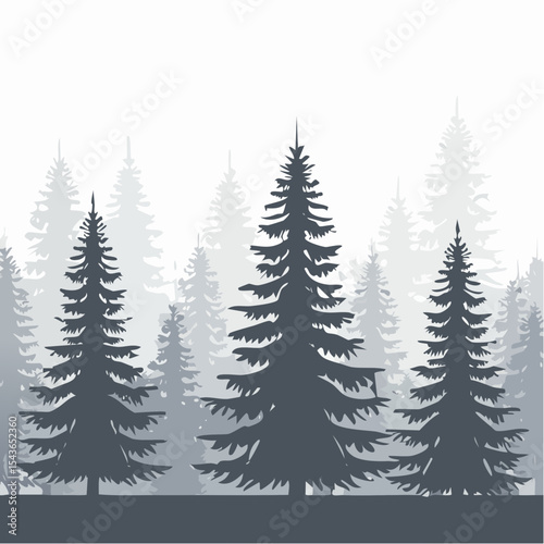 silhouettes of fir trees are set against a background of coniferous spruce pattern