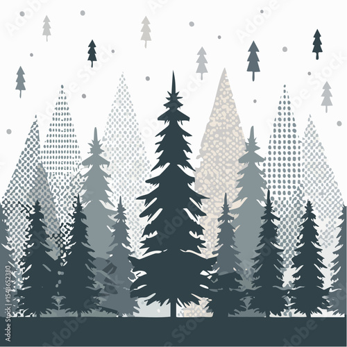 silhouettes of fir trees are set against a background of coniferous spruce pattern