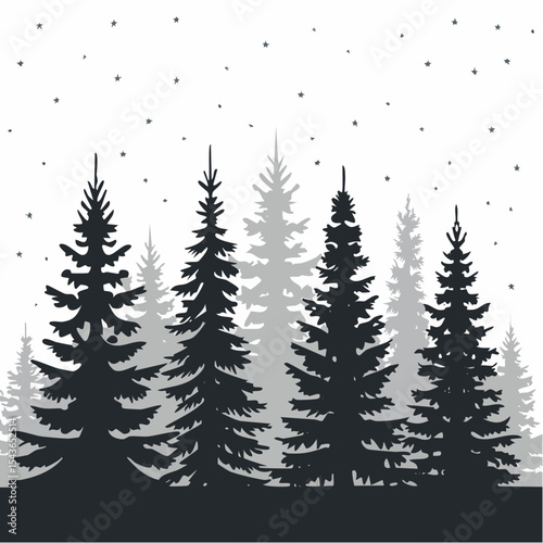 silhouettes of fir trees are set against a background of coniferous spruce pattern