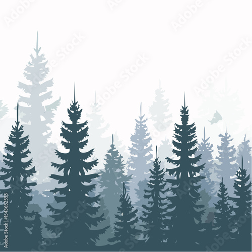 silhouettes of fir trees are set against a background of coniferous spruce pattern