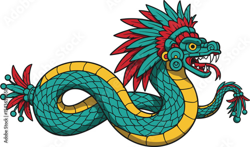 Aztec feathered serpent Quetzalcoatl vector, ancient mythology creature, cultural illustration, colorful dragon god design, traditional Mesoamerican deity, serpent with feathers and fangs