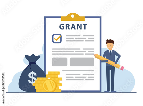 Grant application vector concept. Young man checking grant application on the clipboard