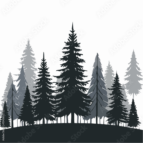 silhouettes of fir trees are set against a background of coniferous spruce pattern