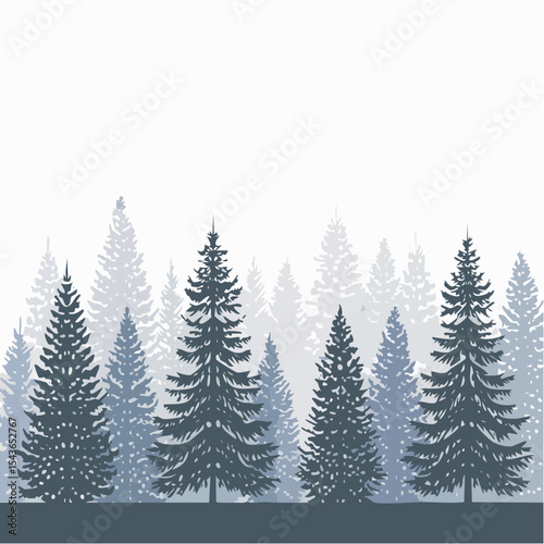 silhouettes of fir trees are set against a background of coniferous spruce pattern