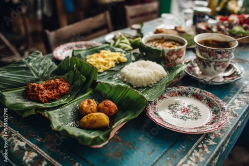 Traditional Southeast Asian Cuisine Served on Banana Leaves with Rice, Vegetables, and Stew on Rustic Blue Table photo