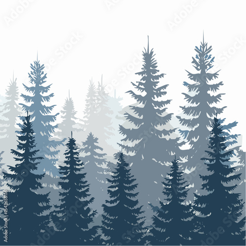 silhouettes of fir trees are set against a background of coniferous spruce pattern