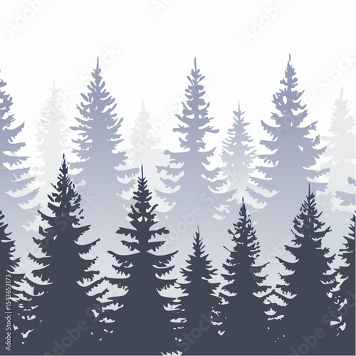 silhouettes of fir trees are set against a background of coniferous spruce pattern