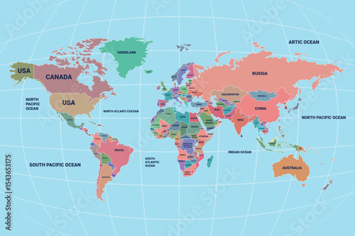 Colorful Political World Map Vector with Country and Ocean Labels for PowerPoint and Education. EPS.