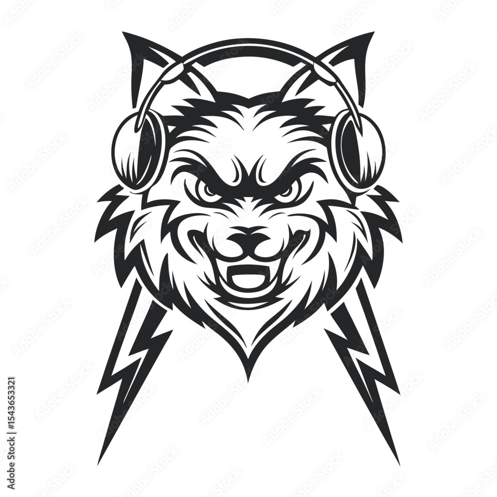 Fototapeta premium Monochrome Wolf Head with Headphones and Lightning Bolts: A Grayscale Illustration for Creative Projects and Designs. 