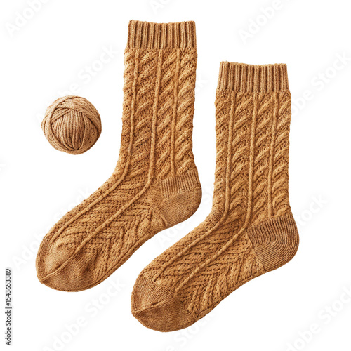Thick knit socks in warm brown color with yarn ball nearby  