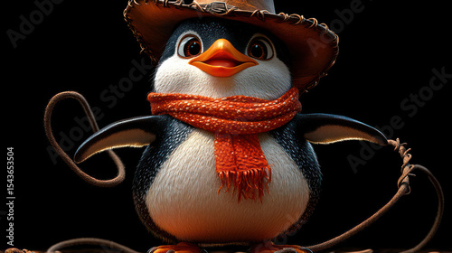 Cute penguin in cowboy hat and scarf