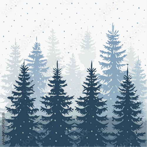 silhouettes of fir trees are set against a background of coniferous spruce pattern