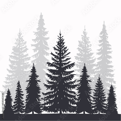 silhouettes of fir trees are set against a background of coniferous spruce pattern