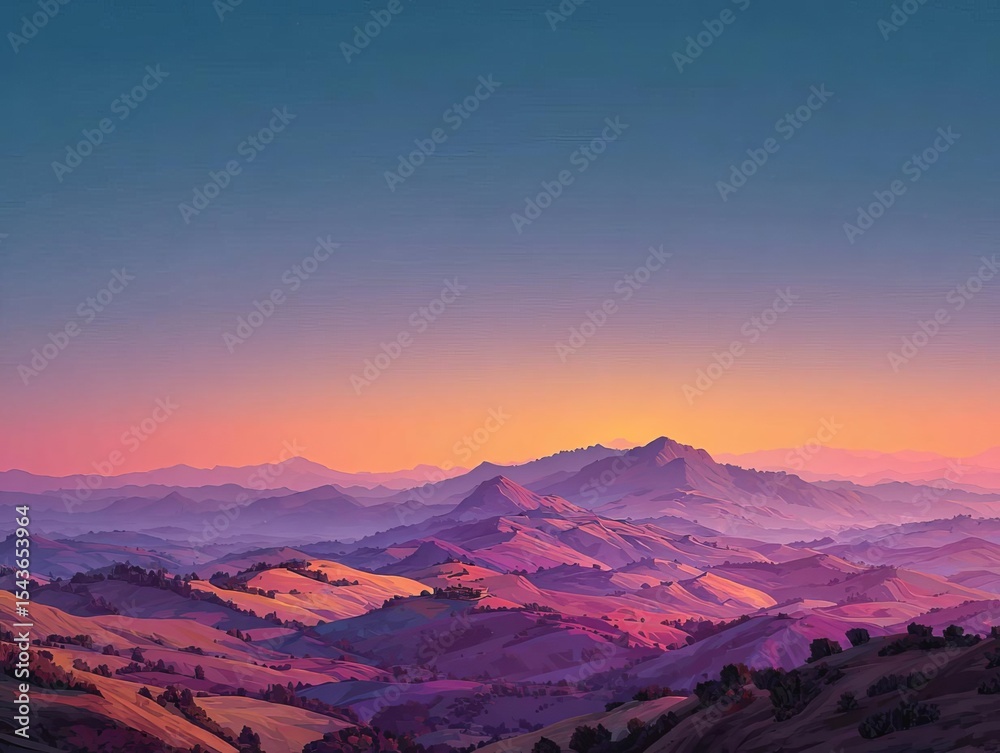 Naklejka premium Stunning sunset over serene mountains and colorful hills.