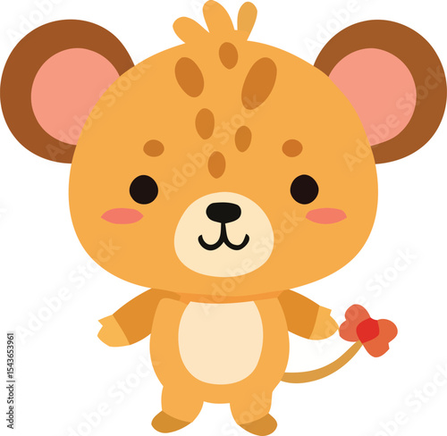 Cartoon Hyena Character with Flower Tail Round Ears and Spotted Fur.
