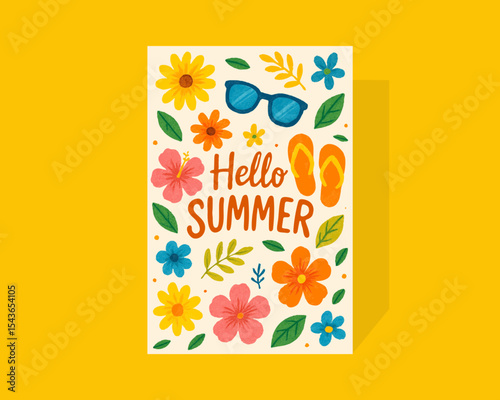 Bright summer banner with hand‑drawn lettering “Hello Summer”, flip‑flops, flowers and tropical leaves on bold blue background. Vector illustration.