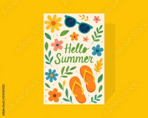Hello summer postcard with flip‑flops, tropical flowers and leaves on vibrant yellow background in flat cartoon design for seasonal decoration. Vector illustration.