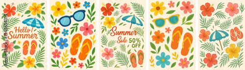 Set of four summer sale banners with cheerful flip‑flops, tropical flowers, leafy fronds and sale text for online promotions and social media posts. Vector illustration.