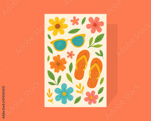 Bright summer flyer template with floral frame, flip‑flops and tropical leaves on coral background, ideal for web banners or seasonal invitations. Vector illustration.
