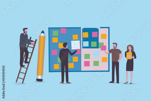 Team Collaboration and Planning with Sticky Notes on a Board Illustration