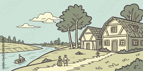 Medieval Village Landscape with River and People Hand Drawn Illustration Cartoon Style Old European Village Rural Scene Traditional Architecture Fantasy World Storybook Illustration Calm and