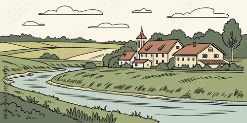Hand drawn illustration of a countryside landscape with a river houses and fields showcasing a peaceful rural scene with a classic cartoon style and muted