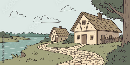 Cartoon illustration of a quaint village scene with two houses a stone path a lake trees and clouds evoking a peaceful and idyllic atmosphere