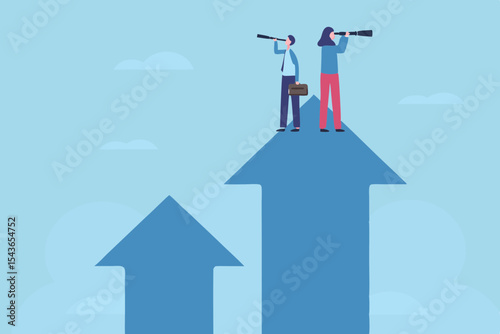 Business visionaries on upward arrows looking through telescopes for future opportunities