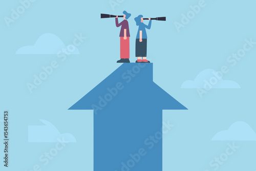 Teamwork and Vision Two People on an Arrow Looking Through Telescopes