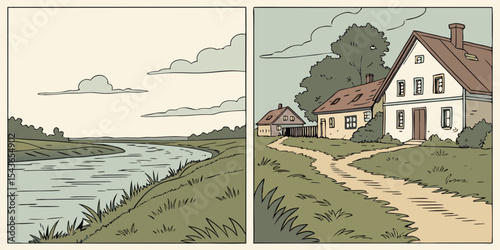 Comic Strip Illustration of a River Landscape and a Rural Farmhouse Depicting a Peaceful Countryside Scene with Trees Clouds and a Winding Path Leading to