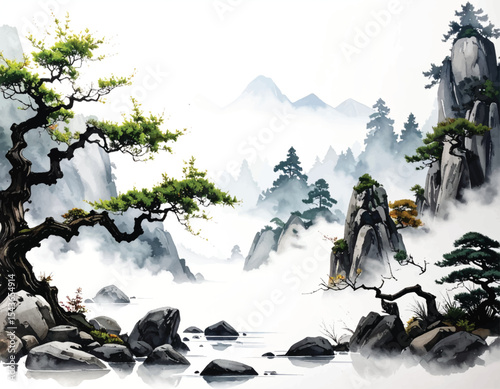 Serene mountain landscape with mist and ancient trees. Calm natural scenery featuring misty mountains and trees. Traditional painting of mist-covered mountains and trees