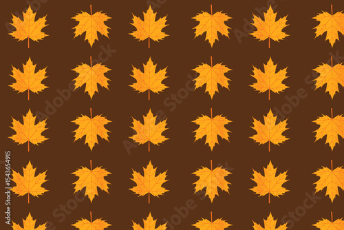 Seamless repeating pattern of yellow autumn maple leaves on brown background. Vector illustration.