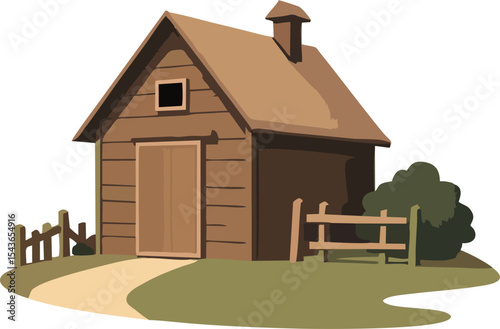 Rustic Wooden Farmhouse with Fenced Garden and Green Bushes – Rural Home Illustration