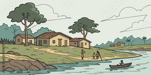 Cartoon illustration of a rural village scene with houses trees and people by a river evoking a sense of simplicity and connection to nature with