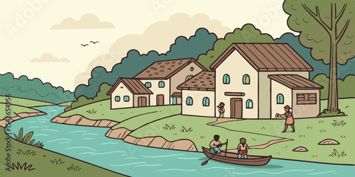 Cartoon illustration of a small village by a river featuring houses trees people and a boat creating a peaceful and idyllic scene in a whimsical