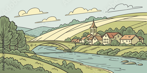 Scenic Village Landscape with River and Bridge A hand drawn vector illustration of a quaint village nestled in a valley featuring a river bridge and