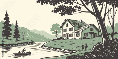 Serene Lakeside Home Illustration with Boating and Walking featuring a house by the water people in a boat and figures strolling along the shore