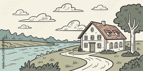 Hand drawn illustration of a house by the river with a winding path trees and clouds in a simple cartoon style with muted earthy colors